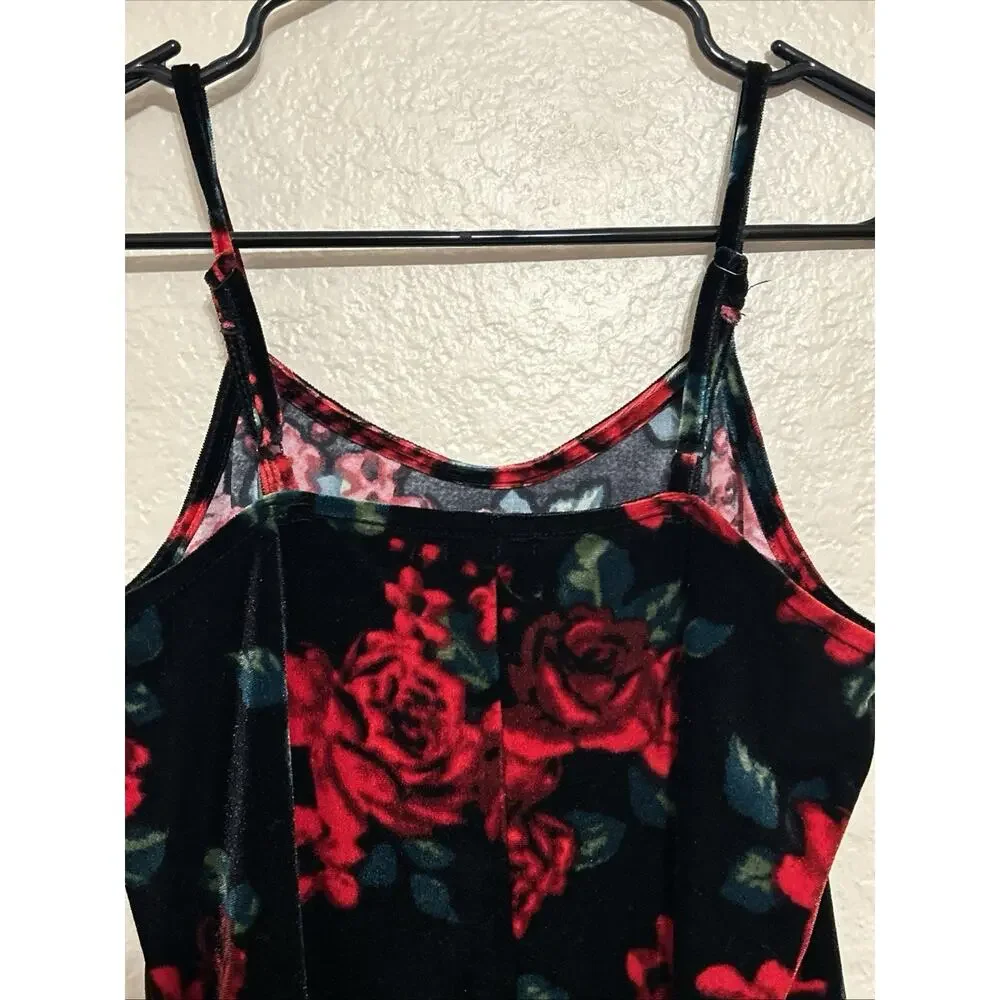 Art Class Velvet Black Spaghetti Tank Dress Red Roses With Slit L 10/12
